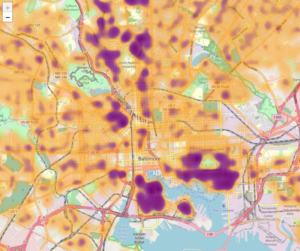 Heatmap of average property sales prices in Baltimore, MD