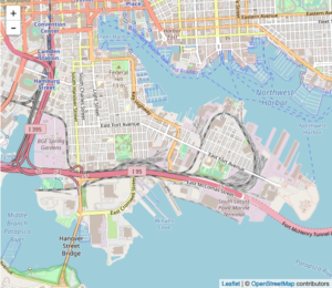 Leaflet map of the Baltimore inner harbor