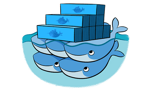 Docker whales (a Swarm) supporting a stack of docker containers