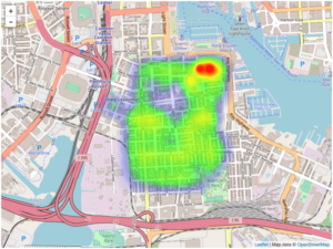 A heatmap created using the Heatmap.js plugin for Leaflet showing average sales prices in Federal Hill, Baltimore, MD