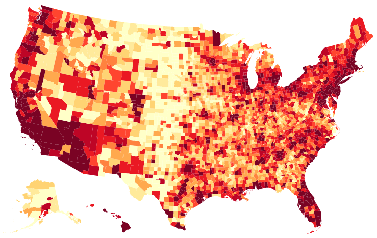 Choropleth of the United States showing the relative population in each county