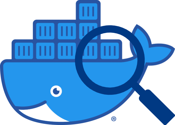 Docker logo with magnifying glass